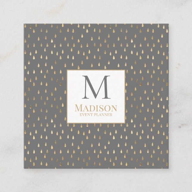 Tarjeta De Visita Cuadrada Monograma moderno de moda Gray Gold Raindrop (Anverso)