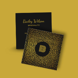 Tarjeta De Visita Cuadrada Monograma moderno de puntos dorados negro