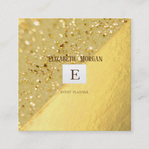 Tarjeta De Visita Cuadrada Monograma moderno elegante dorado, Bokeh brillo