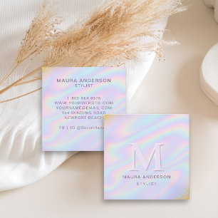Tarjeta De Visita Cuadrada Monograma moderno holográfico rosa morado elegante