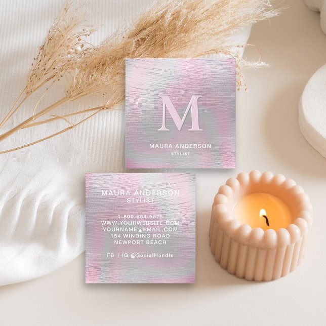 Tarjeta De Visita Cuadrada Monograma moderno rosado cepillado holográfico ele (holographic business card square brushed pink monogram hairdresser stylist coach artist lash nails)