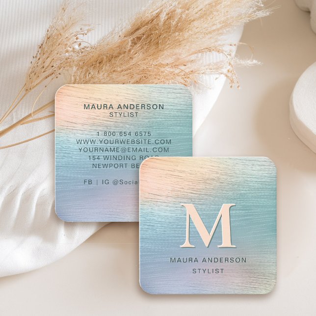 Tarjeta De Visita Cuadrada Monograma moderno Verde azulado cepillado holográf (holographic business card square pink peach teal monogram hairdresser stylist lash nails make-up)