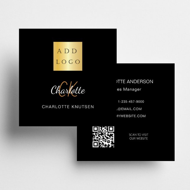 Tarjeta De Visita Cuadrada Monograma negro de oro simple código Qr (Subido por el creador)