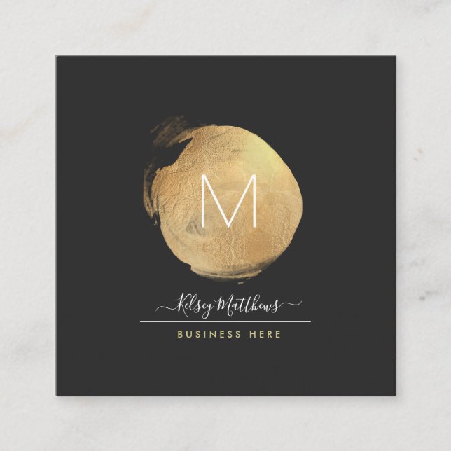 Tarjeta De Visita Cuadrada Monograma negro lux dezines + mancha dorada (Anverso)