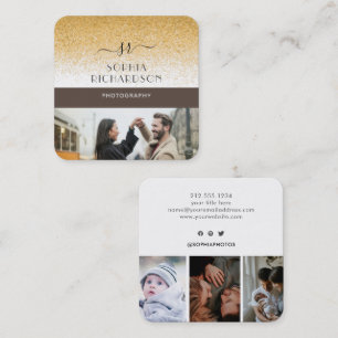 Tarjeta De Visita Cuadrada Monograma Personalizado con 4 Fotos Brillo Dorado