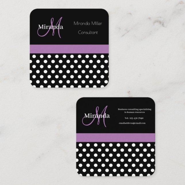 Tarjeta De Visita Cuadrada Monograma púrpura Punto de Polka Blanco Negro (Anverso / Reverso)