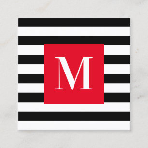 Tarjeta De Visita Cuadrada Monograma rojo brillante de franja negra y blanca