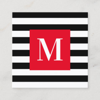 Tarjeta De Visita Cuadrada Monograma rojo brillante de franja negra y blanca