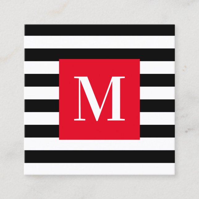 Tarjeta De Visita Cuadrada Monograma rojo brillante de franja negra y blanca (Anverso)