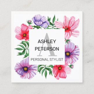 Tarjeta De Visita Cuadrada Monograma rosa Giro floral Cute personalizado