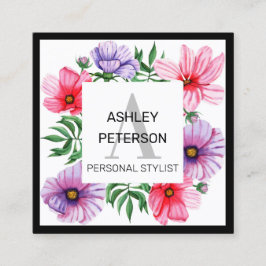 Tarjeta De Visita Cuadrada Monograma rosa Giro floral Cute personalizado