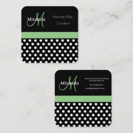Tarjeta De Visita Cuadrada Monograma verde Punto de Polka Blanco Negro