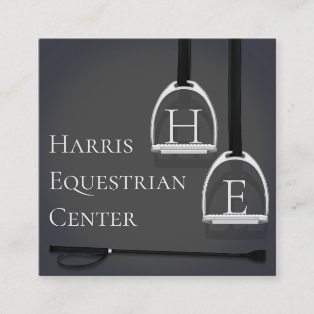 Tarjeta De Visita Cuadrada Monogramado Stirrup Irones Gris Negro Ecuestre (Anverso)