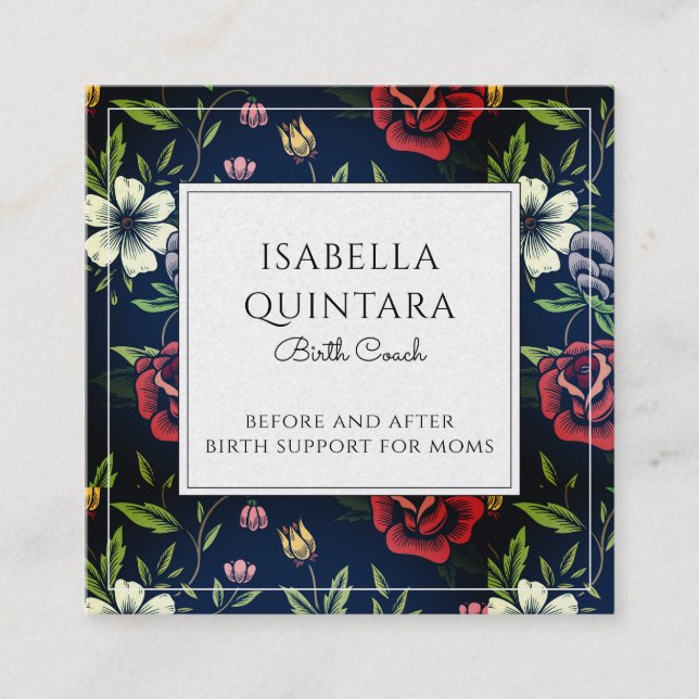 Tarjeta De Visita Cuadrada Monogrammed Floral Birth Coach Doula (Anverso)