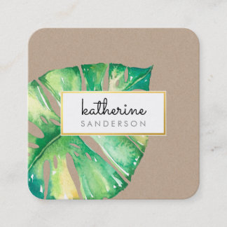 Tarjeta De Visita Cuadrada MONSTERA LEAF eco pintado de kraft acuarela modern