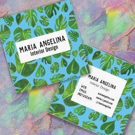 Tarjeta De Visita Cuadrada Monstera Tropical Deja Diseño de Acuarela