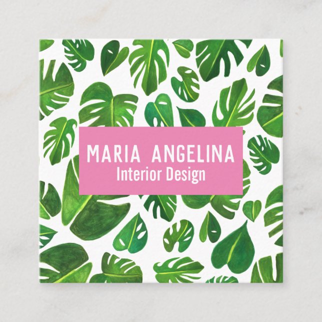Tarjeta De Visita Cuadrada Monstera Tropical Deja Diseño de Acuarela (Anverso)