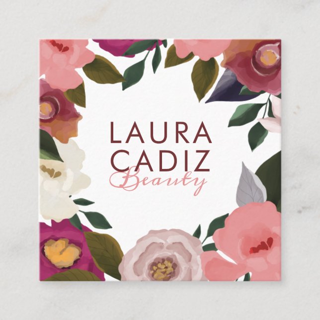 Tarjeta De Visita Cuadrada Moody & Elegante acuarela Arreglo Floral Blanco (Anverso)