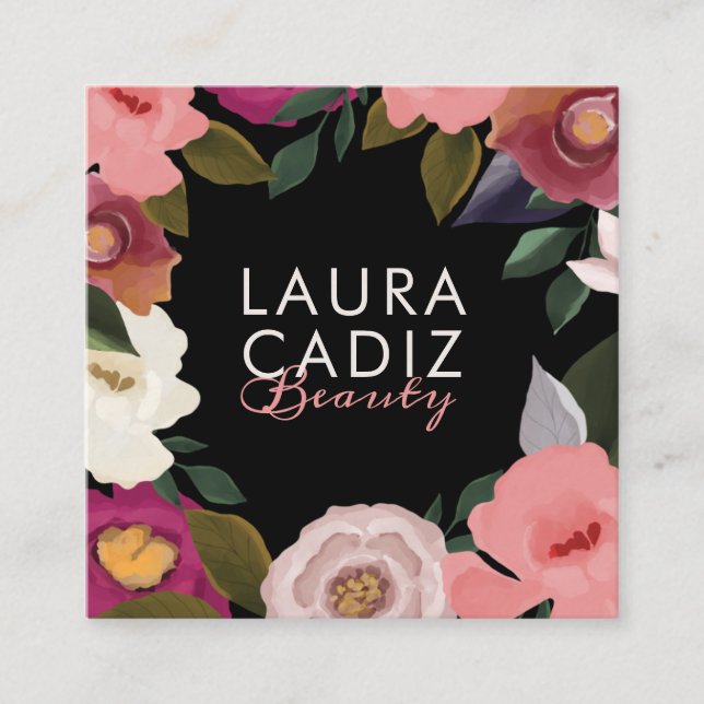 Tarjeta De Visita Cuadrada Moody & Elegante acuarela Arreglo Floral Negro (Anverso)