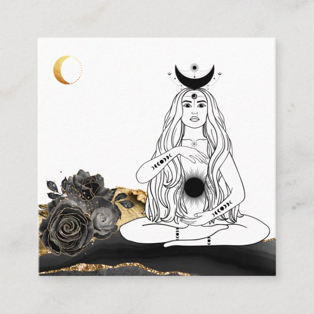 Tarjeta De Visita Cuadrada *~* Moon Yoga Luna Rosa Diosa Oro Negro (Anverso)