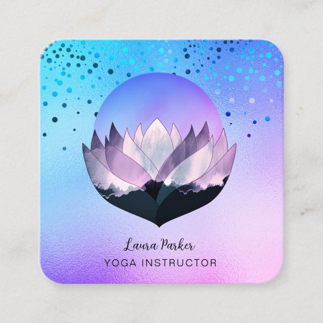 Tarjeta De Visita Cuadrada Morado Lotus Moon Meditación Yoga Mar Holístico (Anverso)