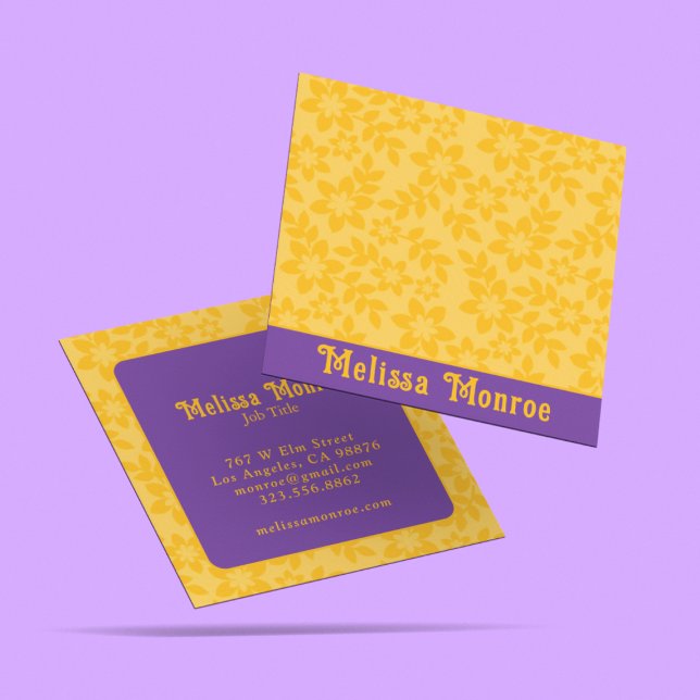 Tarjeta De Visita Cuadrada Mostaza amarilla y flores moradas únicas modernas (Subido por el creador)