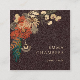 Tarjeta De Visita Cuadrada Moto Boho Floral Brown Leather Business Card