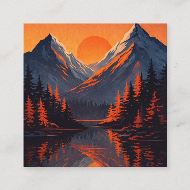 Tarjeta De Visita Cuadrada Mountain Sunset Reflection Fiery Orange Sky  (Anverso)