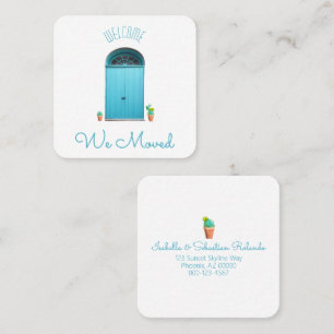 Tarjeta De Visita Cuadrada Movimos Puertas Azules Al Suroeste Cactus Potted