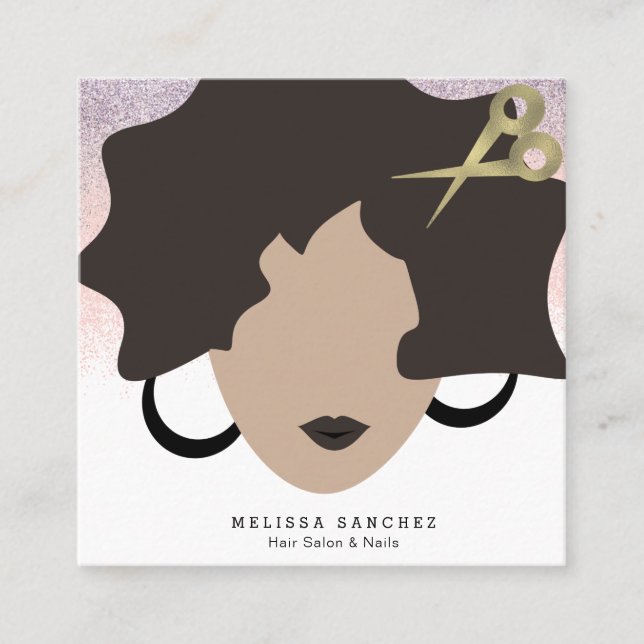 Tarjeta De Visita Cuadrada Mujer Brown Hair Faux Purpurina de oro Salón Belle (Anverso)