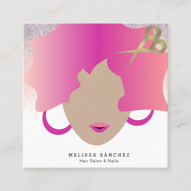 Tarjeta De Visita Cuadrada Mujer Cabello Rosa Faux Purpurina de oro Salón Bel (Anverso)