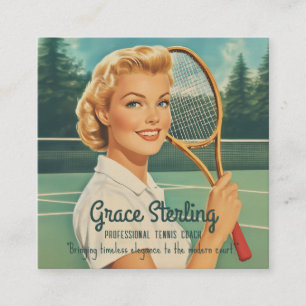 Tarjeta De Visita Cuadrada Mujer de tenis Ilustracion de la revista de los añ