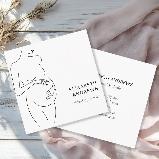 Tarjeta De Visita Cuadrada Mujer embarazada Simpel blanco moderno (Modern, minimalist business card, white,black. Line Art Illustration, pregnant woman. )