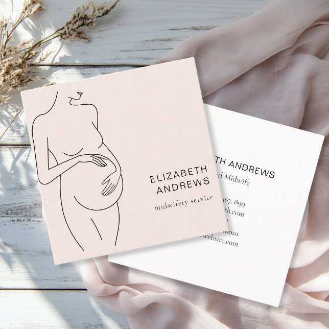 Tarjeta De Visita Cuadrada Mujer embarazada Simpel Modern (Modern, minimalist business card, beige-blush, black. Line Art Illustration, pregnant woman.)