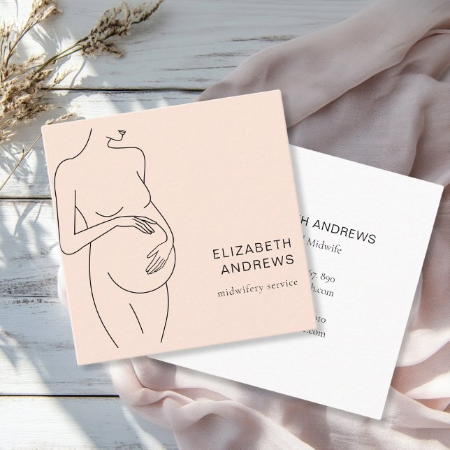 Tarjeta De Visita Cuadrada Mujer embarazada Simpel Peach Modern (Modern, minimalist business card, peach, black. Line Art Illustration, pregnant woman. Enter your da)