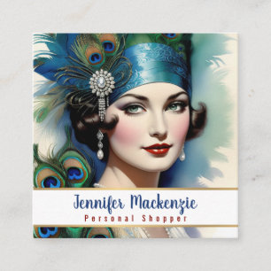 Tarjeta De Visita Cuadrada Mujer Pavo Real Azul Dorado Elegante