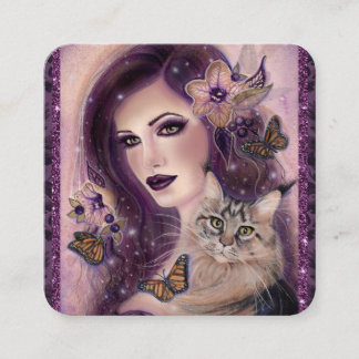 Tarjeta De Visita Cuadrada Mujeres de fantasía con gato por Renee Lavoie