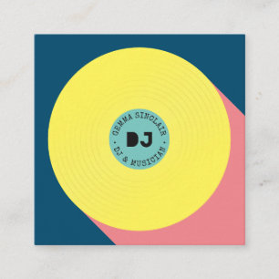 Tarjeta De Visita Cuadrada Música moderna azul retro amarillo dj vinilo