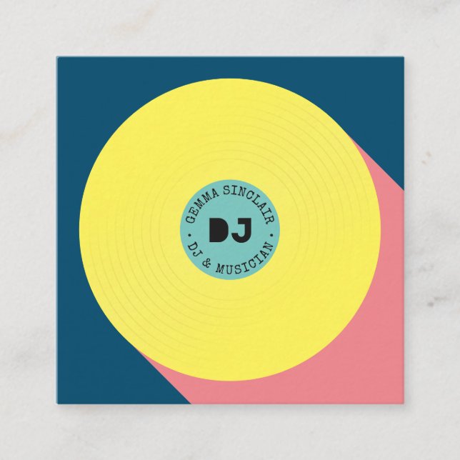 Tarjeta De Visita Cuadrada Música moderna azul retro amarillo dj vinilo (Anverso)