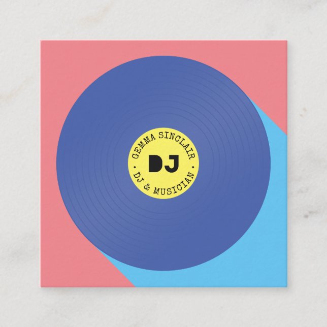 Tarjeta De Visita Cuadrada Música moderna azul rosado retro dj vinilo (Anverso)