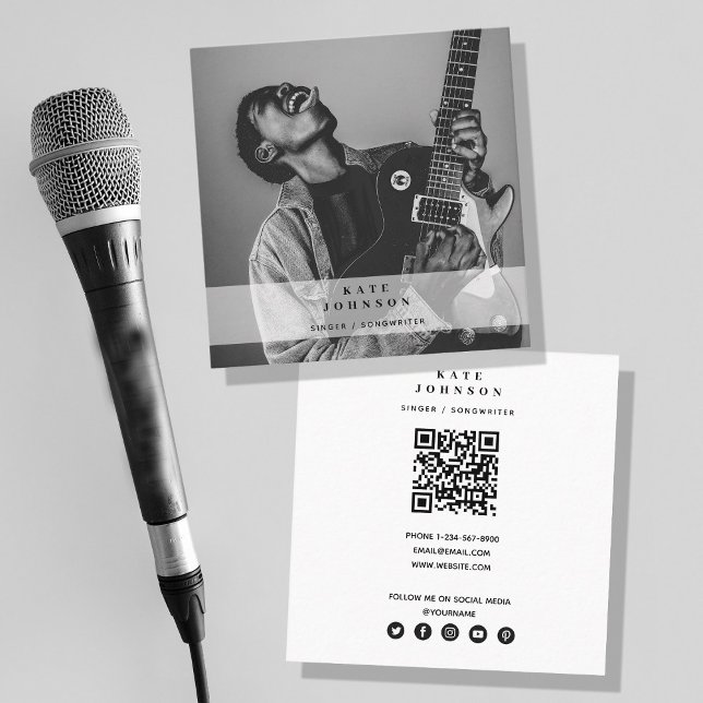 Tarjeta De Visita Cuadrada Músico de cantante Foto Social Media QR Code (Subido por el creador)