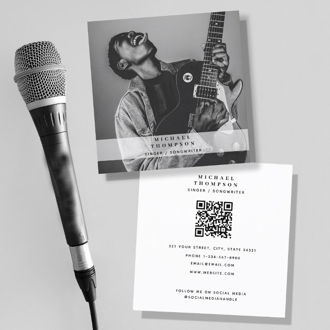 Tarjeta De Visita Cuadrada Músico de cantante Foto Social Media QR Code (Subido por el creador)