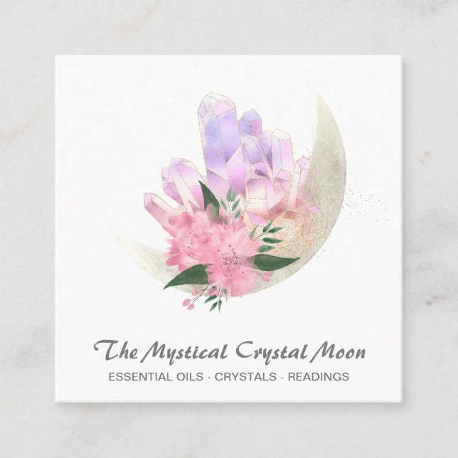 Tarjeta De Visita Cuadrada *~* Mystic Moon Crystals Floral Cosmic Purpurina S (Anverso)