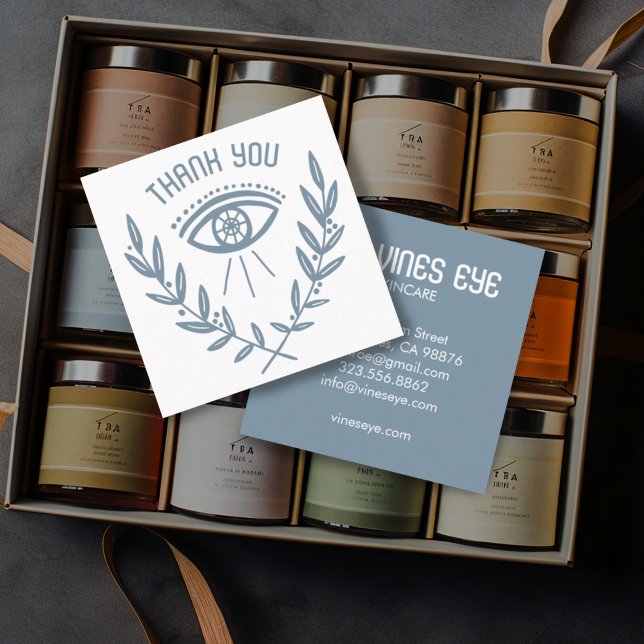 Tarjeta De Visita Cuadrada Mystical Eye & Vines Elegant Boho Order Gracias (Mystical eye design on light blue, customer appreciation thank you card)