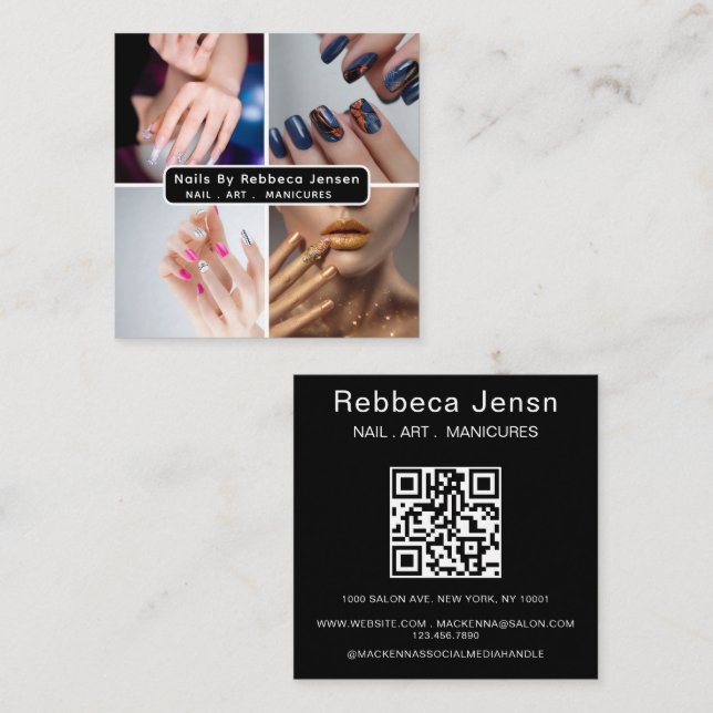 Tarjeta De Visita Cuadrada Nail Art Beauty Salon Manicure Specialist QR Code (Anverso / Reverso)