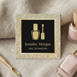 Tarjeta De Visita Cuadrada Nail Technician Gold Purpurina Botella polaca