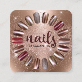 Tarjeta De Visita Cuadrada Nail Technician Rosa Gold Sparkly