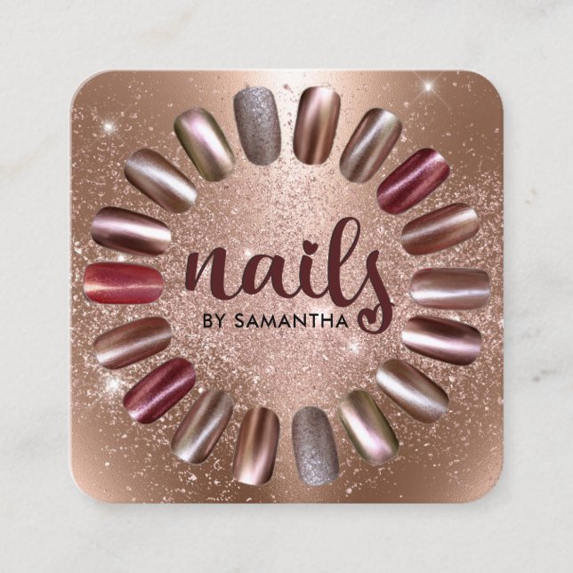 Tarjeta De Visita Cuadrada Nail Technician Rosa Gold Sparkly (Anverso)