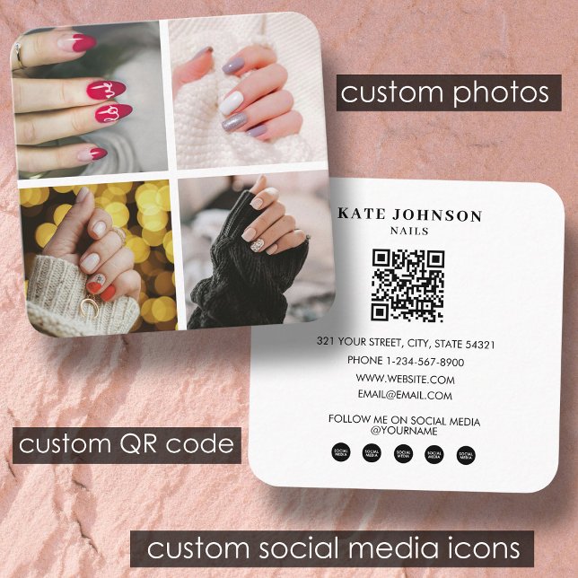 Tarjeta De Visita Cuadrada Nails Salón de belleza Artista de uñas 4 Fotos Cód (Nails Beauty Salon Nail Artist 4 Photos QR Code Square Business Card)