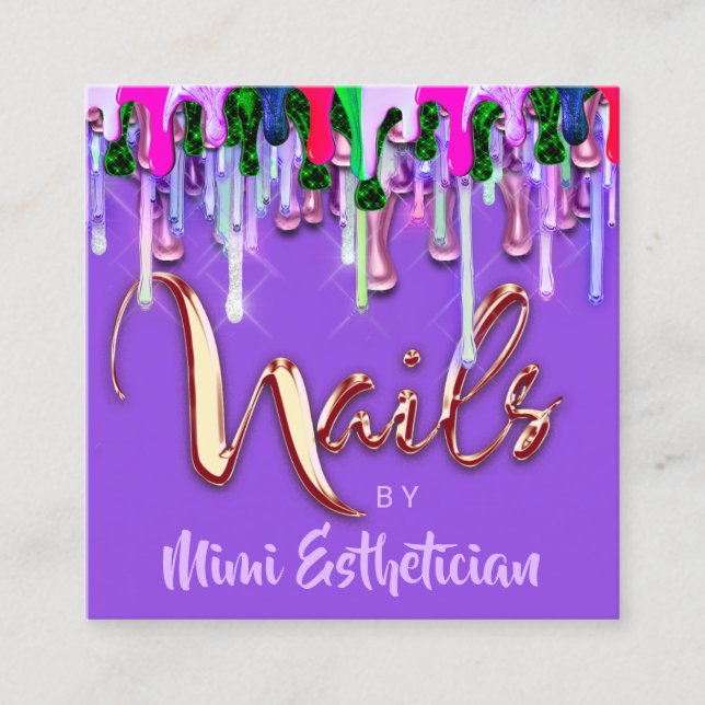 Tarjeta De Visita Cuadrada Nails Studio Artist Nails Script Logo Drillos púrp (Anverso)